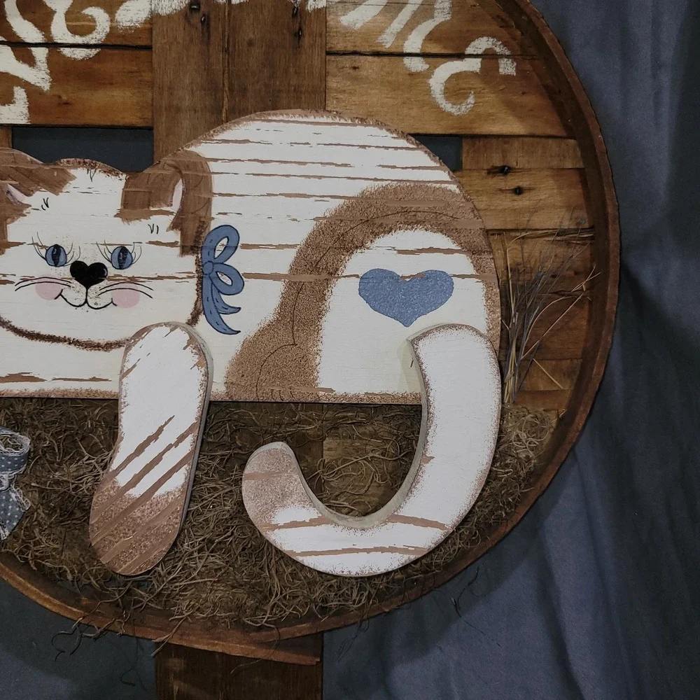 Vintage Handmade Wooden Crate Welcome Sign Cat Kitten Cottagecore Farmhouse
